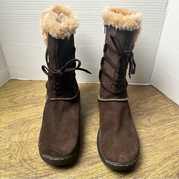 Faded Glory Genuine Leather Dark Brown Faux Fur Trim Suede Lace up Boots Size 9 - Picture 4 of 13